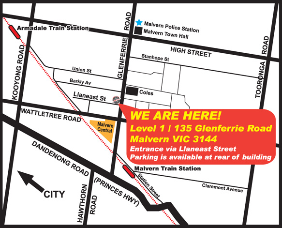We have moved to: Level 1 / 135 Glenferrie Road, Malvern VIC 3144 (Entrance via Llaneast Street - parking is available at rear of building)